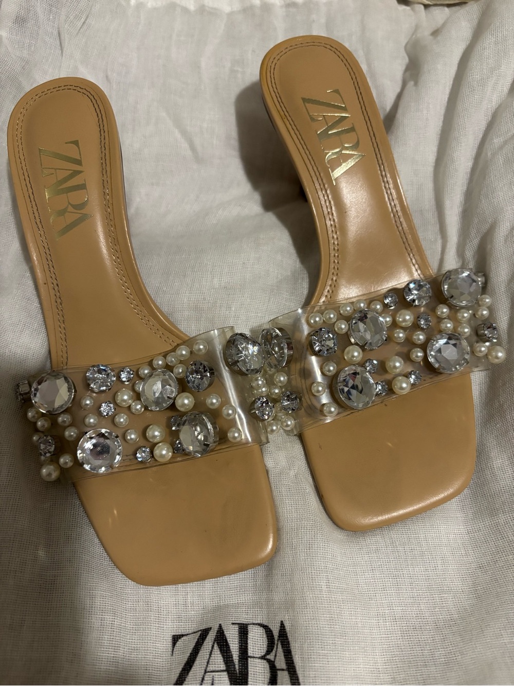 Zara Tan Jeweled Slide Mules with Clear Strap